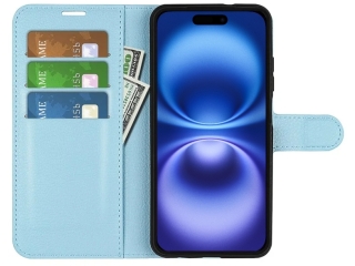 Apple iPhone 16 Plus Lederhülle Portemonnaie Karten Etui hellblau